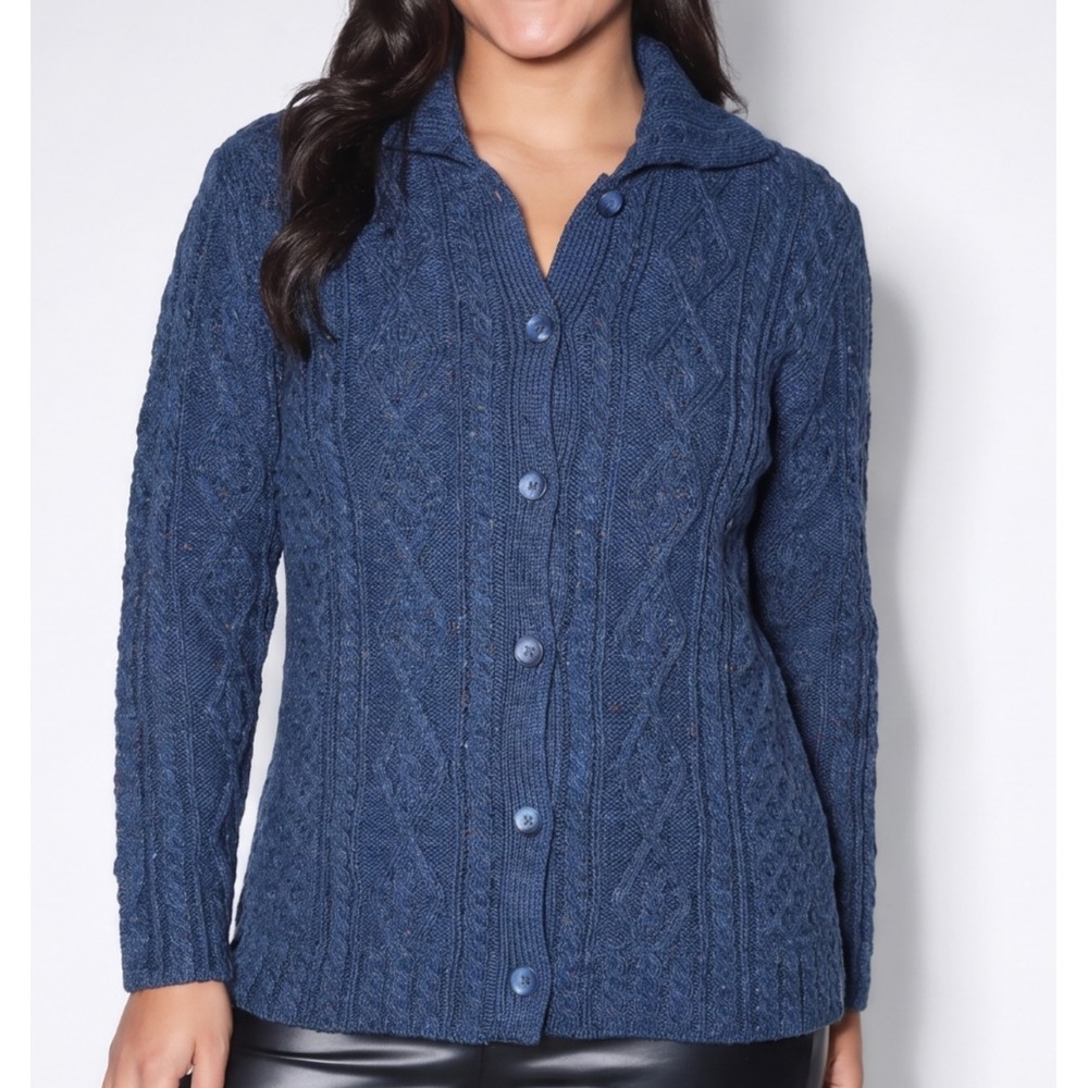 🐑Kilronan Cardigan Sweater Womens XL Blue Ireland Aran Cable Knit Wool Button